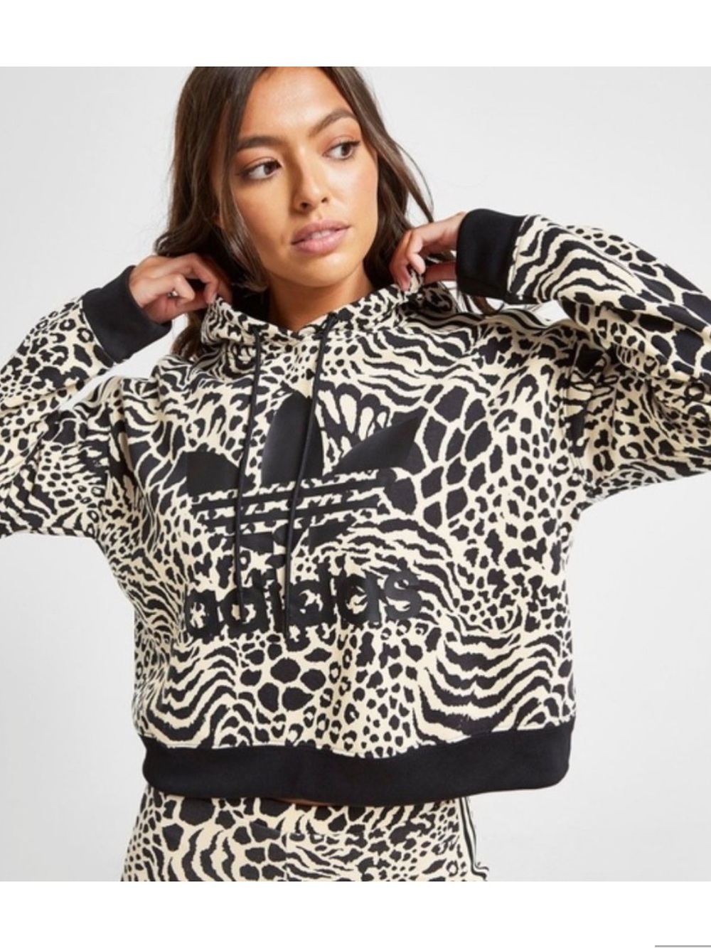 Adidas Originals Women's Leopard Print Cropped Hooded Sweatshirt - Black & Cream